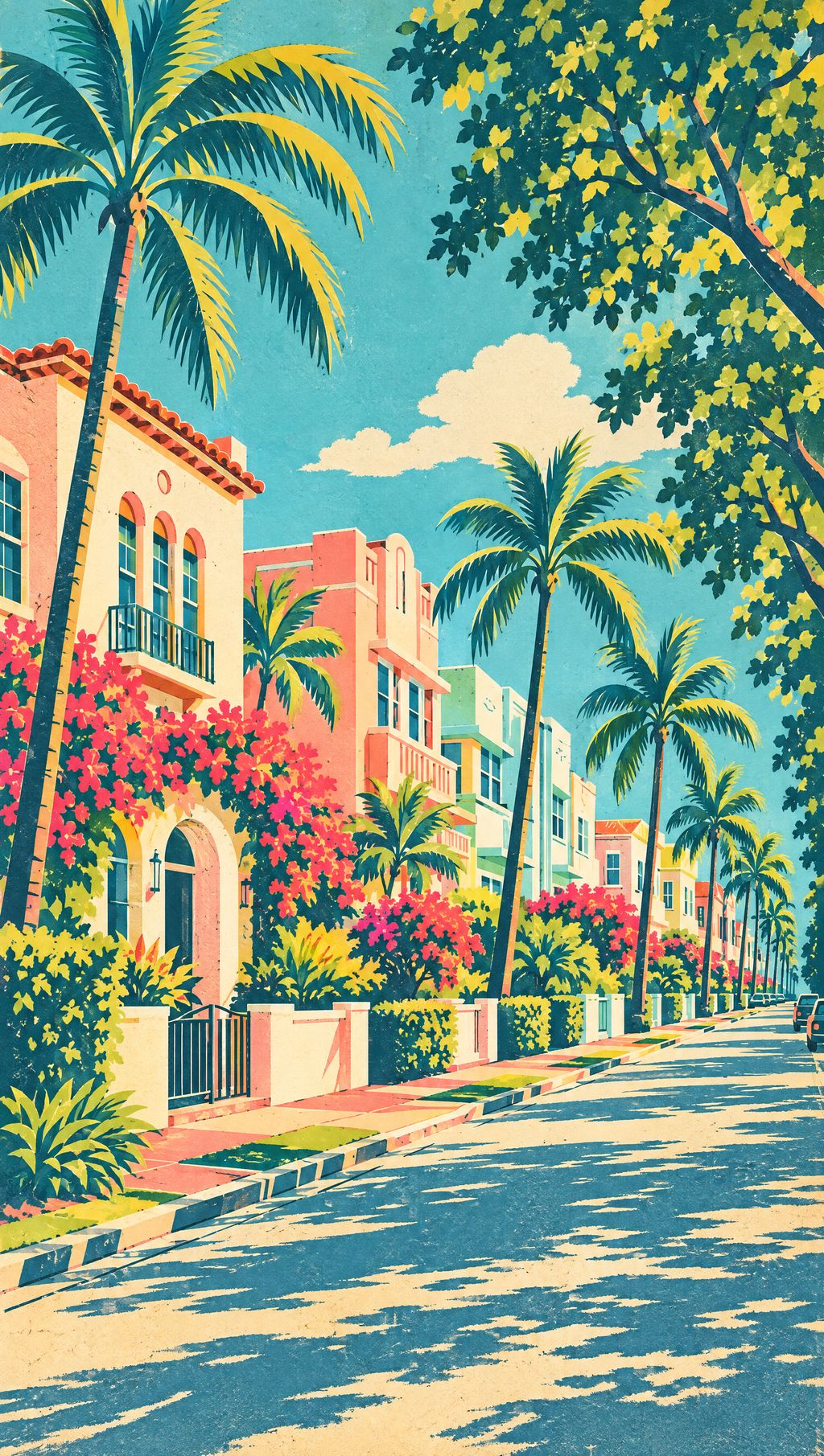 A sunny, tree-lined Miami Beach street of pastel Art Deco and Mediterranean-style homes under palm trees (illustration)