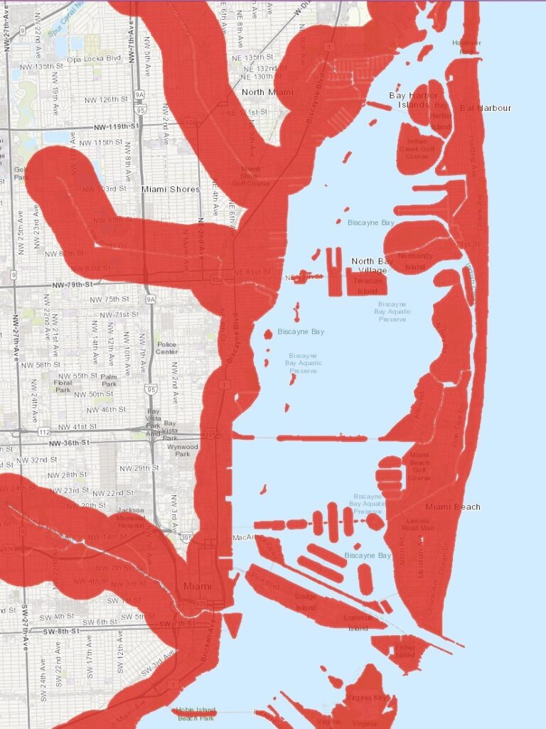 The latest amendment filed by Senator Avila would substantially remove historic preservation oversight in any areas 1/2 mile from the coast. Shown here is a look at how the Miami area could be impacted (red area shows potentially impacted places).